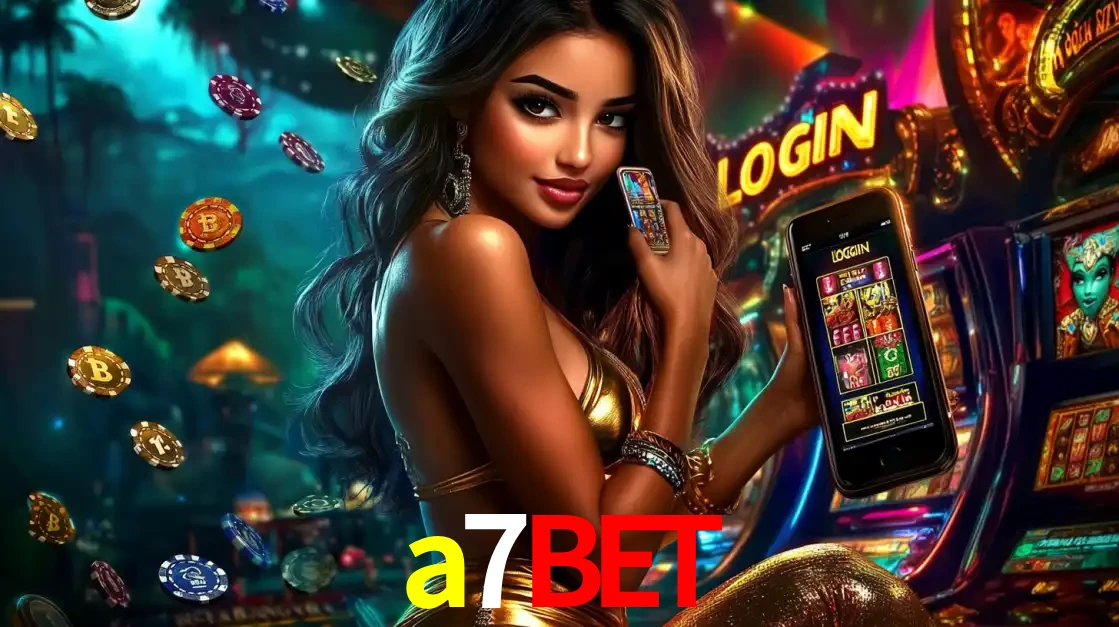 Mulher em um cenário de cassino temático de aventura, mostrando o app de caça-níqueis da a7bet no celular. Fichas de apostas flutuam ao redor.