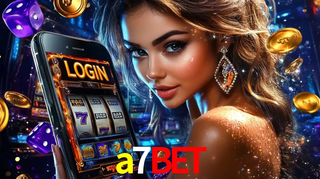 Mulher glamorosa segurando um smartphone com a tela de login para os jogos de caça-níqueis do cassino online a7bet, com moedas de ouro e dados ao redor.