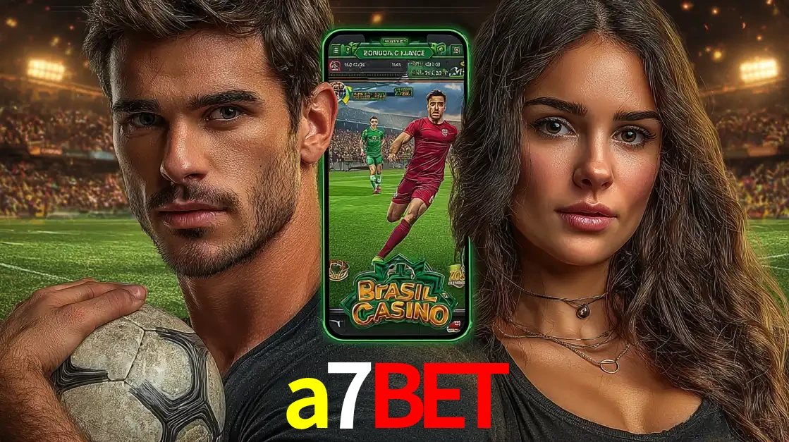 Homem segurando uma bola de futebol e uma mulher ao lado de um smartphone exibindo o jogo de apostas esportivas da a7bet. Faça seu palpite no cassino online.